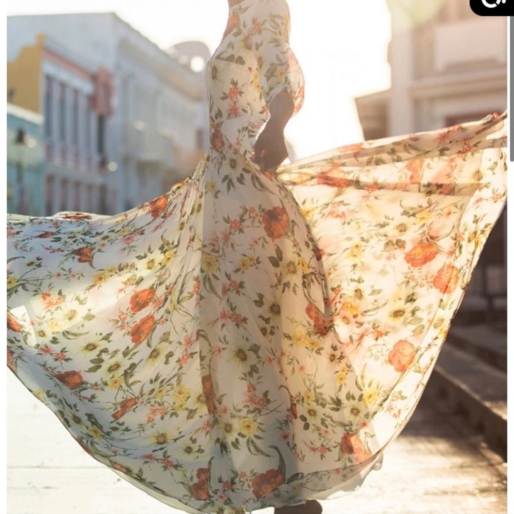 Yumi Kim Champagne & Strawberry Floral Blouson Sleeve Maxi Dress Size Medium - Picture 13 of 15